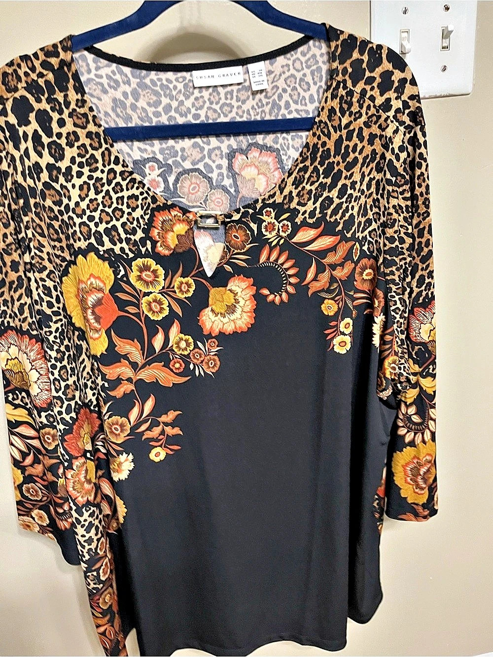 Susan Graver Printed Liquid Knit 3/4-Sleeve Tunic with Keyhole Detail Black